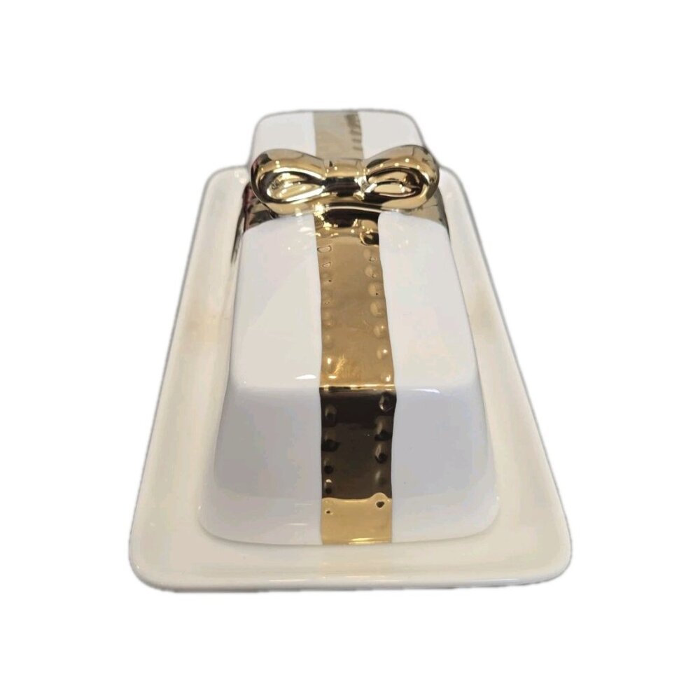 New White & Gold Porcelain Holiday Christmas Present W/ Bow Kitchen Butter Dish - Picture 2 of 5